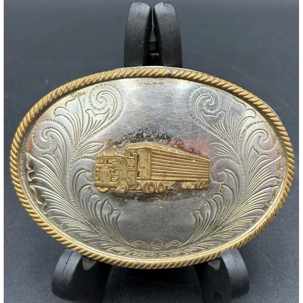 Vtg Semi-Truck Trailer Belt Buckle Trucking Drivers Award German Silver